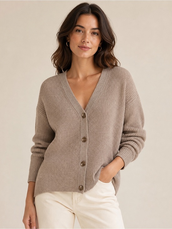 Quince Sweaters - Quince Beige 100% cashmere Ribbed V-Neck Button thick Cardigan SM ( oversized)